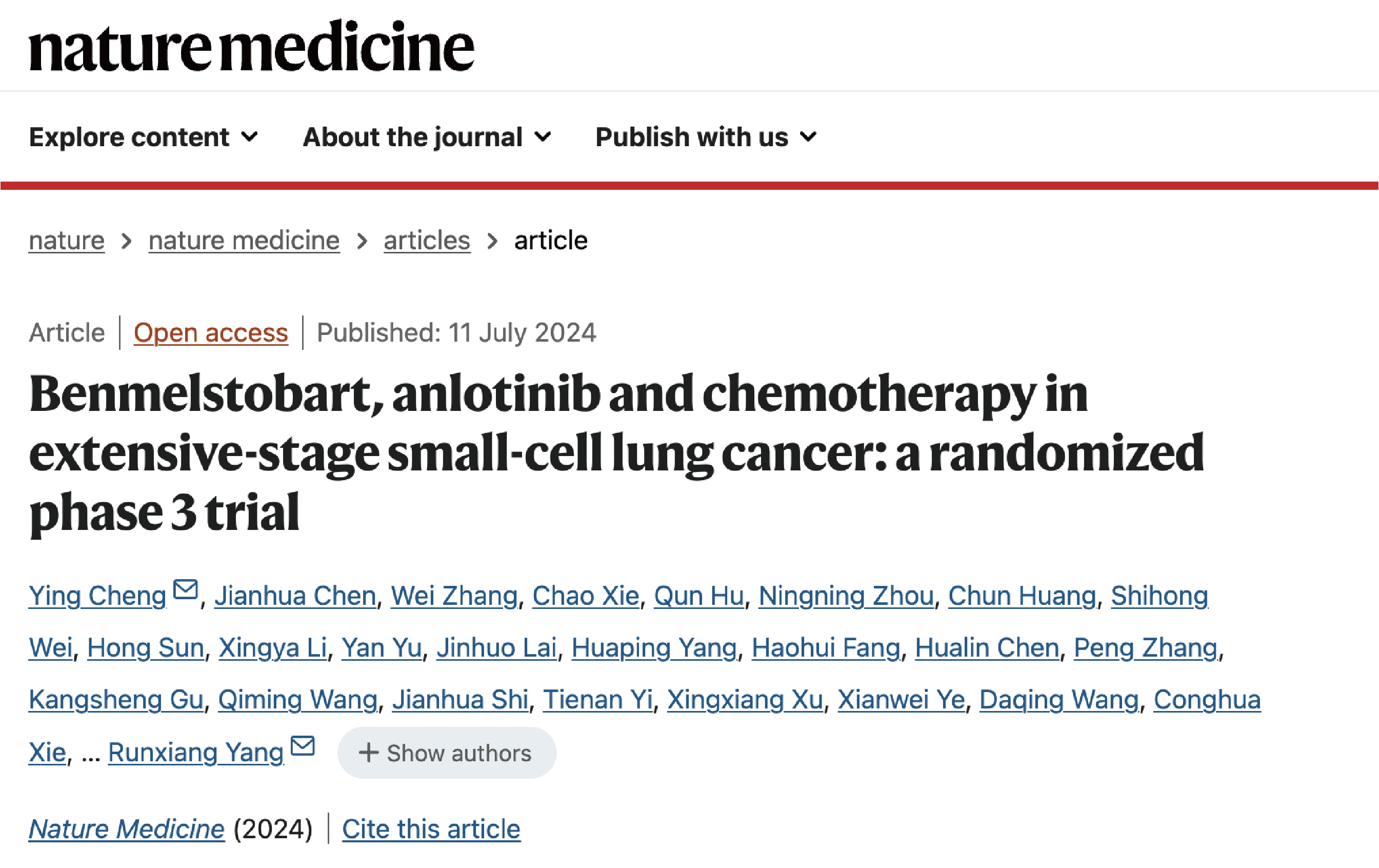 A research paper on the study of Benmelstobart and Anlotinib combined with chemotherapy as a first-line treatment for extensive-stage small cell lung cancer, conducted by Chia Tai Tianqing, was published online in 